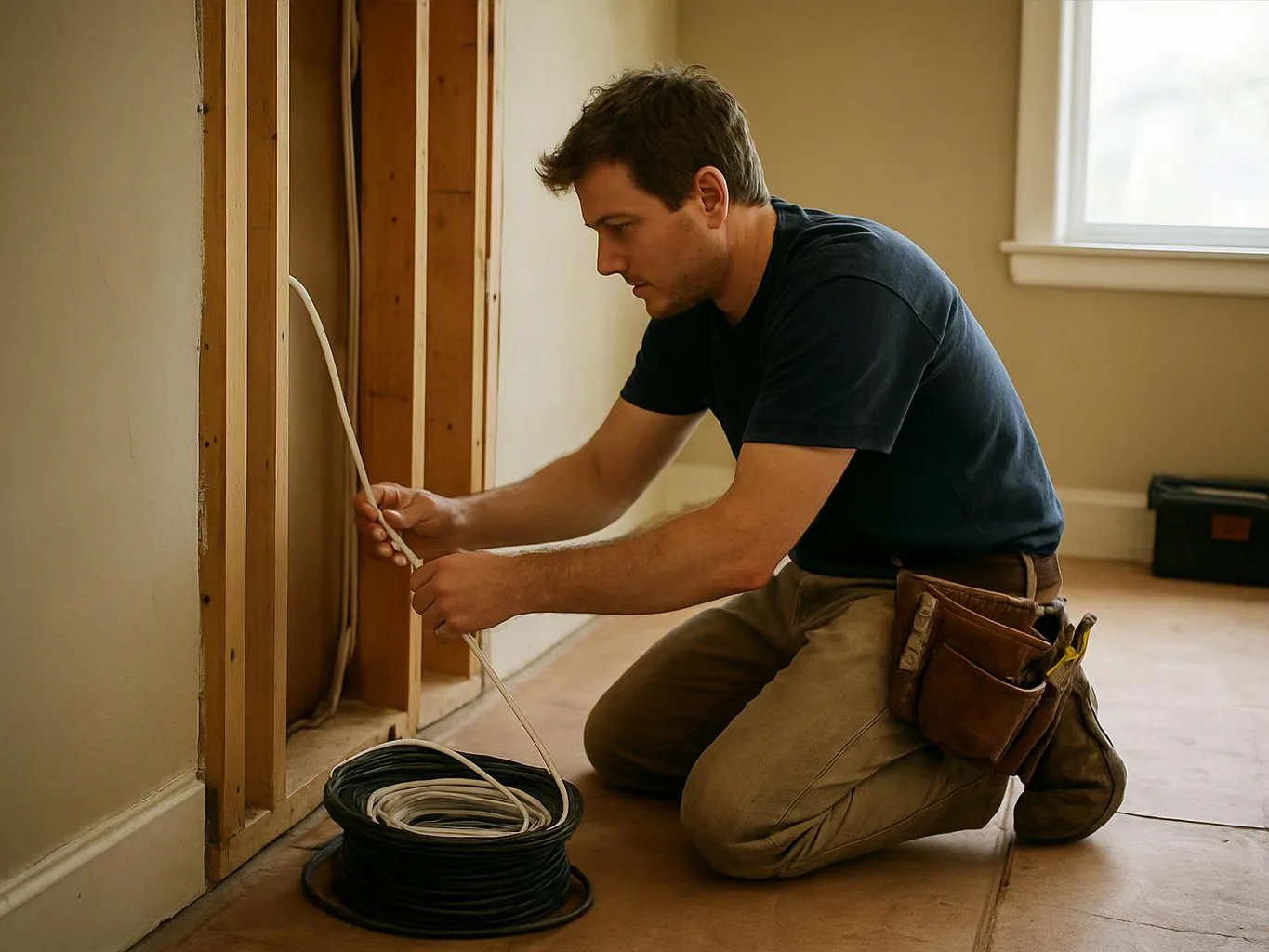 A man kneels on a bare floor, feeding a white cable into an open wall cavity in a room under renovation