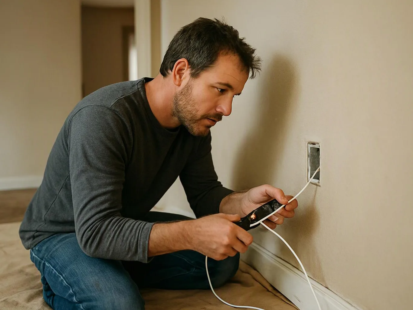 A man kneels on a floor, using a wire stripper on a white cable near a wall outlet