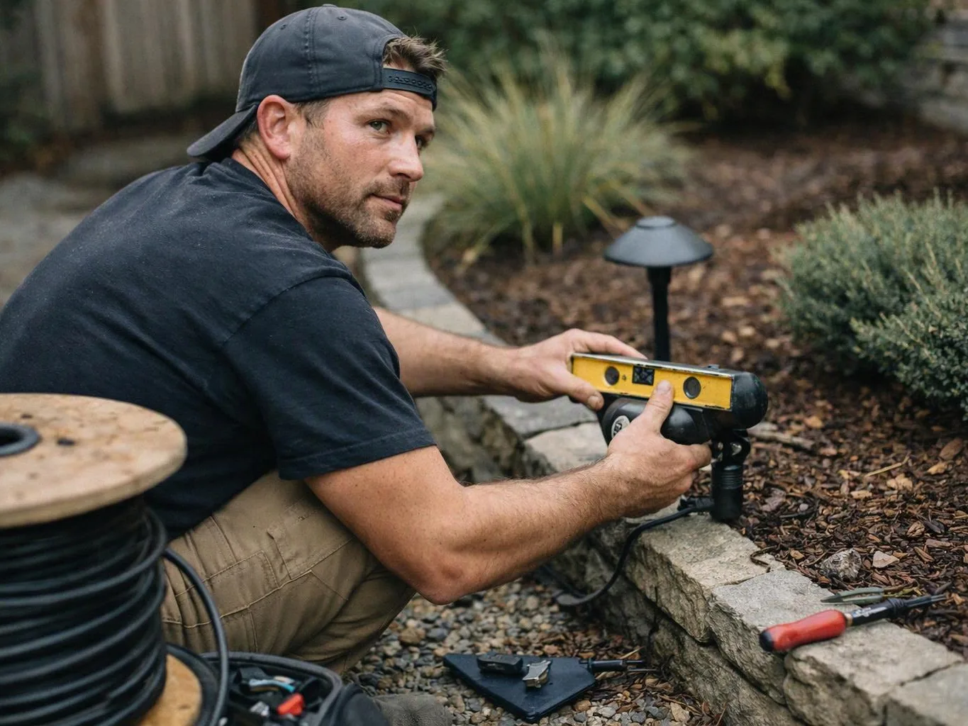 A man kneels by a garden bed, using a yellow spirit level to adjust a black outdoor light fixture