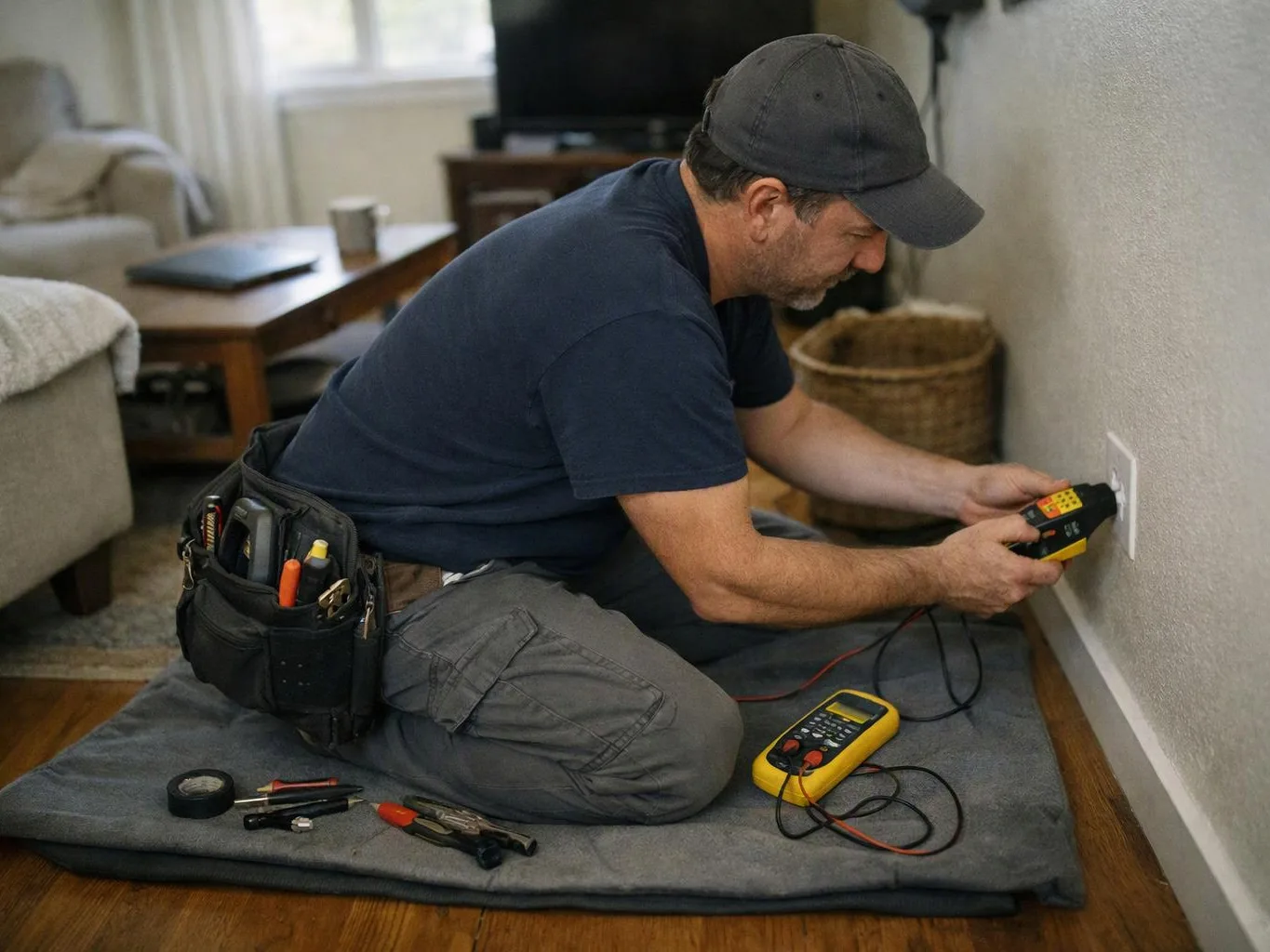 A man kneels on a pad, testing an electrical outlet with a meter in a living room