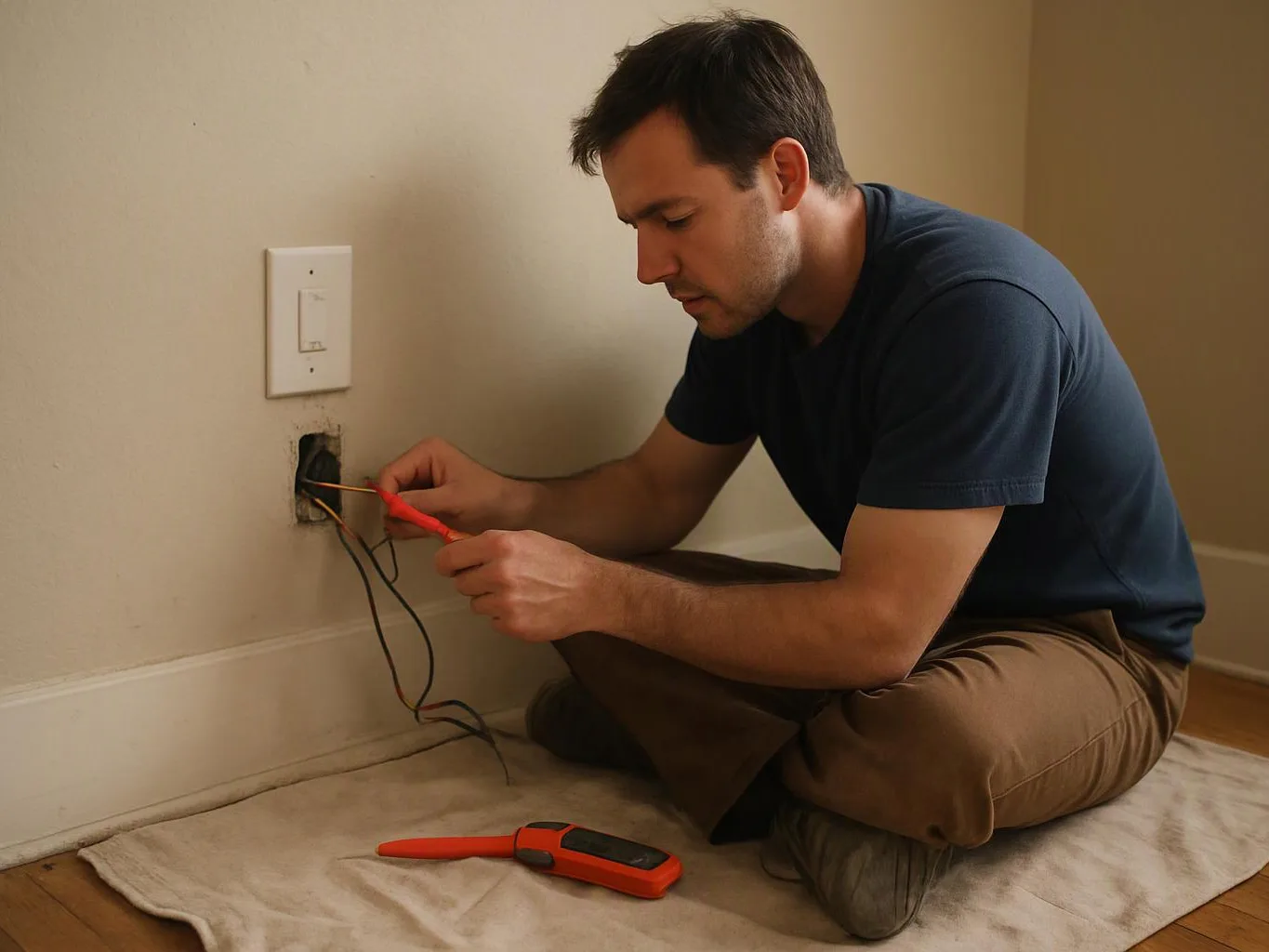 A man kneels on a rug, testing exposed wall wires with a red tool beside a light switch