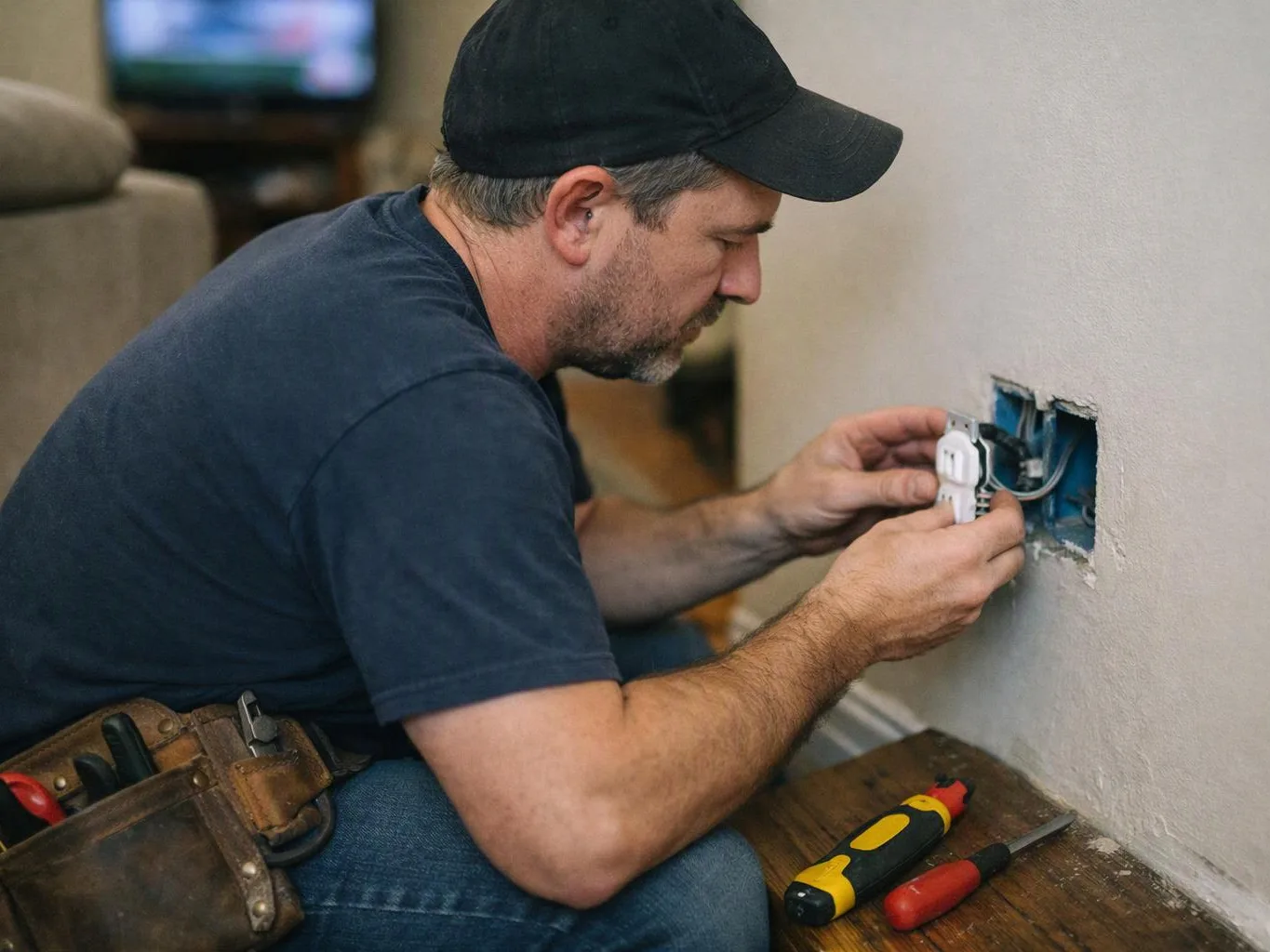 A man kneels by a wall outlet, wiring a white electrical receptacle with tools beside him