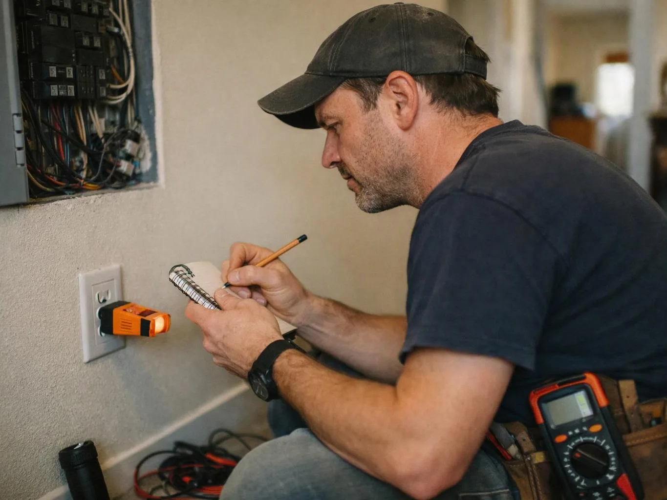 A man kneels by a wall outlet, writing notes beside exposed wiring and a plugged-in tester