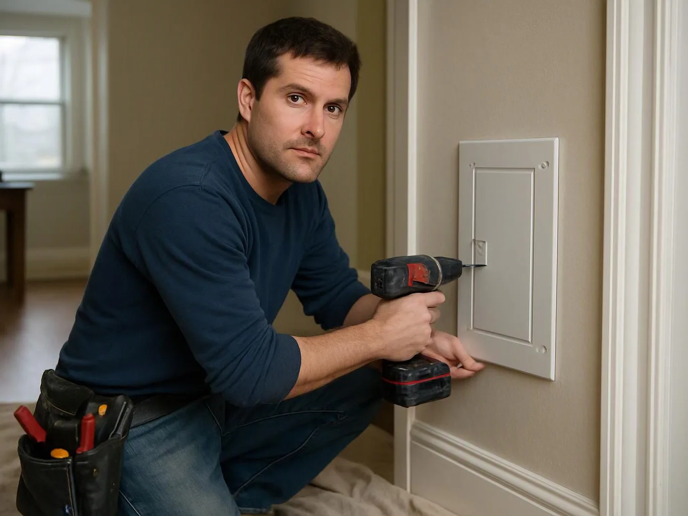 A man kneels by a wall panel, holding a drill in a beige hallway