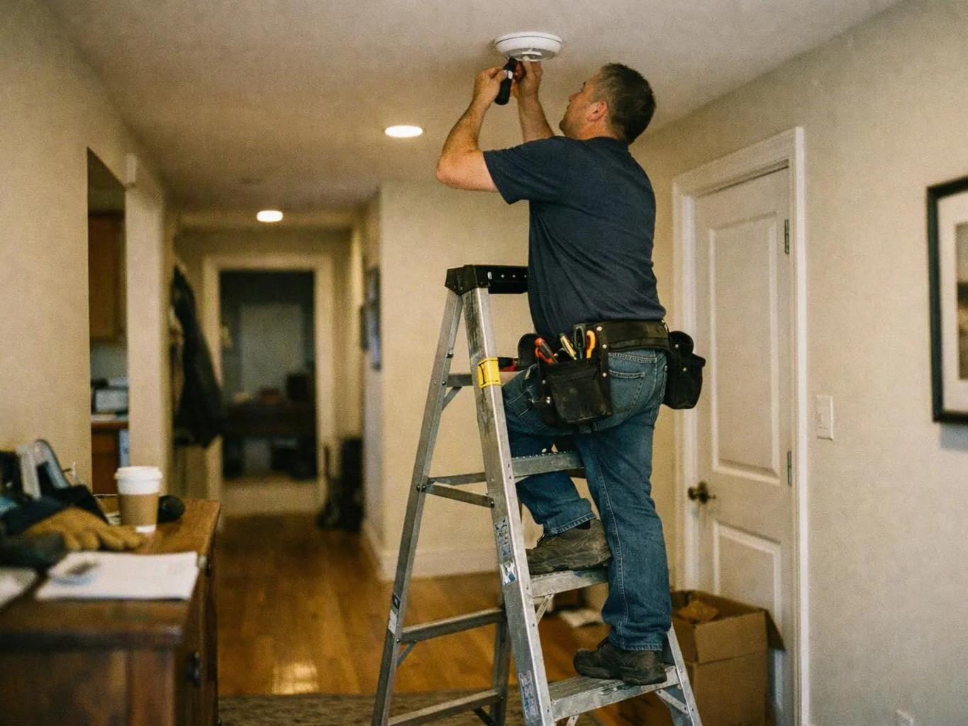 A man on a ladder uses a tool to work on a ceiling smoke detector in a hallway