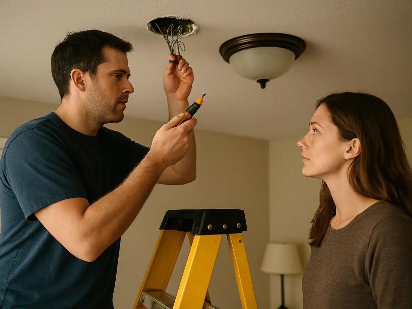 A man on a ladder works on ceiling light wiring while a woman watches in a room