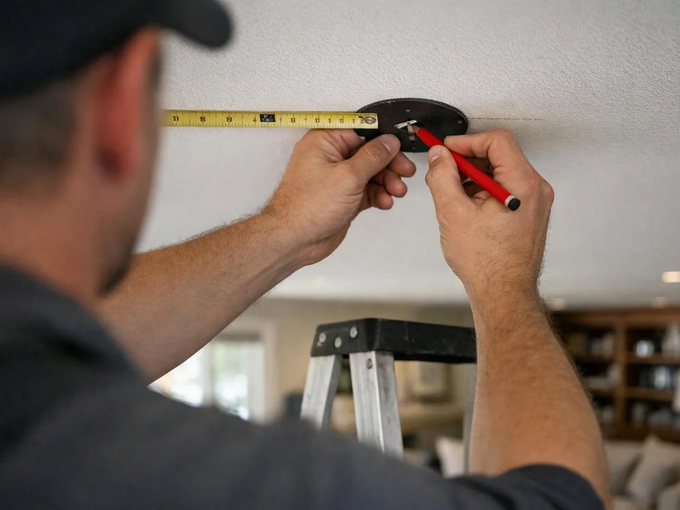 A man measures a ceiling opening with a tape measure and marks a spot with a red pencil inside a room