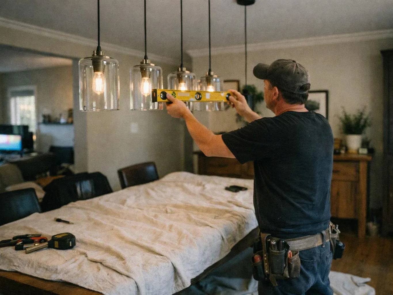 A man measures hanging glass light fixtures above a covered dining table in a home interior