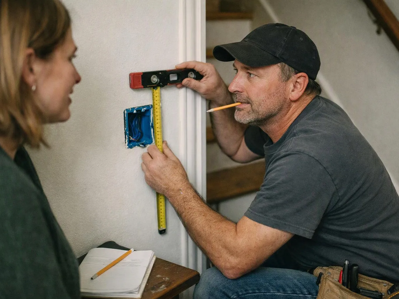 A man measures a wall opening with a level and tape measure while a woman watches nearby inside a house