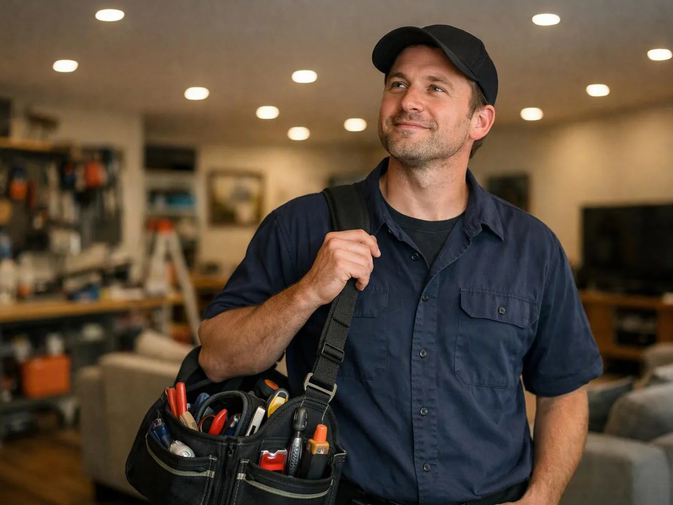 A man in a navy shirt and cap carries a tool bag filled with hand tools inside a living room