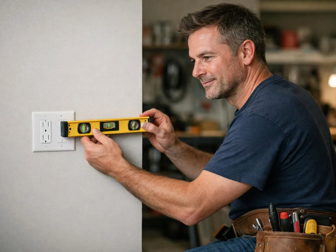 A man in a navy shirt checks a wall outlet with a yellow level in a workshop-like room