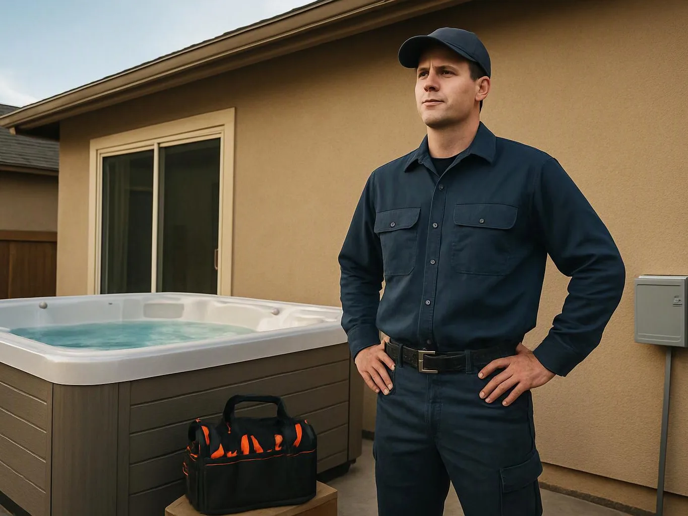 A man in a navy uniform stands beside a hot tub in a backyard patio area
