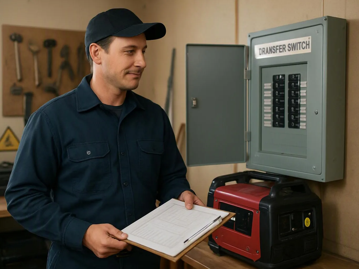 A man in a navy work uniform holds a clipboard beside an open electrical transfer switch in a workshop