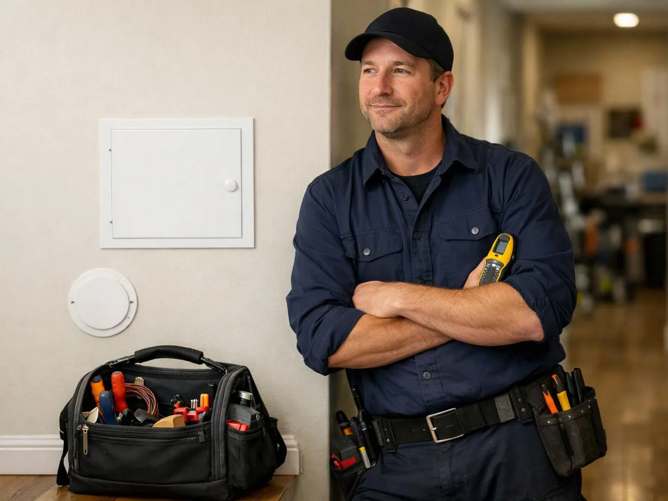 A man in a navy work uniform stands beside a wall, holding a yellow tool in a hallway