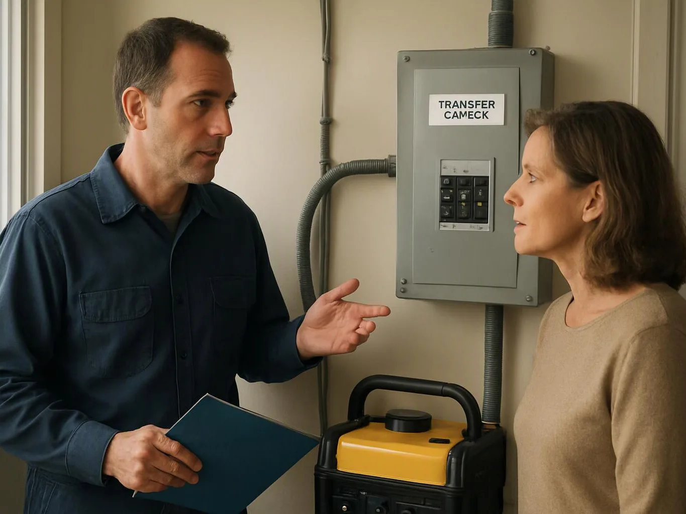A man points while speaking to a woman beside an electrical panel and portable generator in a utility room