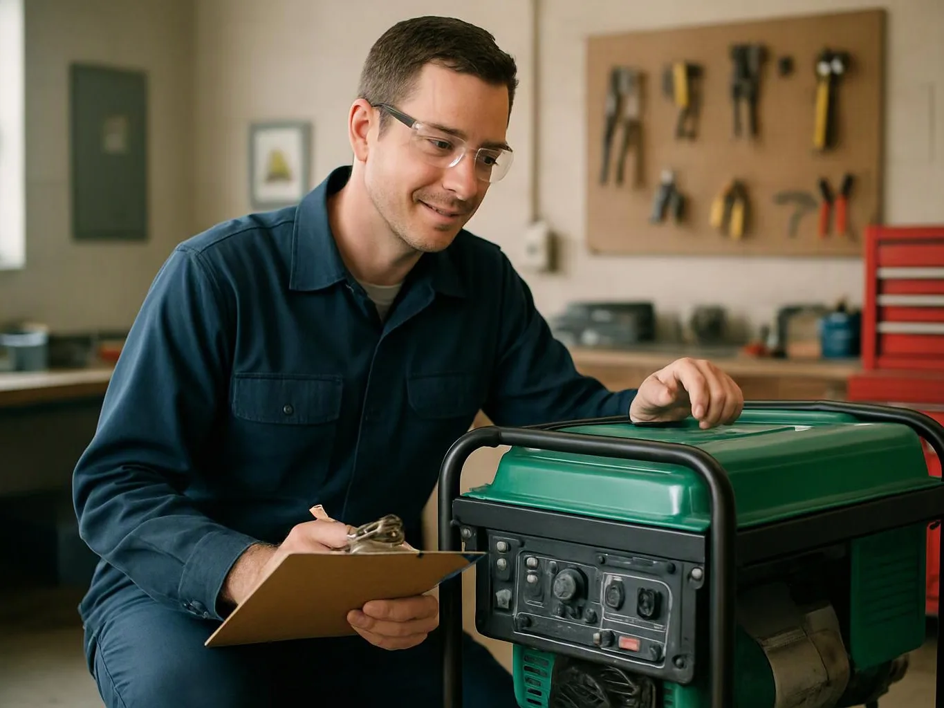 A man in safety glasses checks a green portable generator in a workshop while holding a clipboard