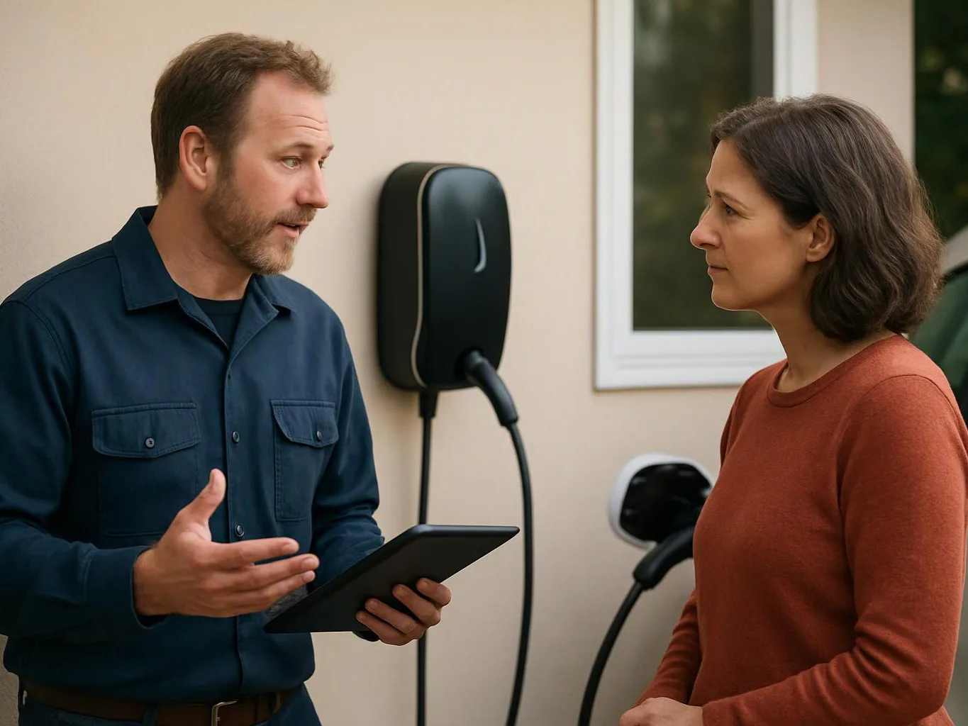 A man speaks while holding a tablet beside an electric car charger, facing a woman outdoors by a wall