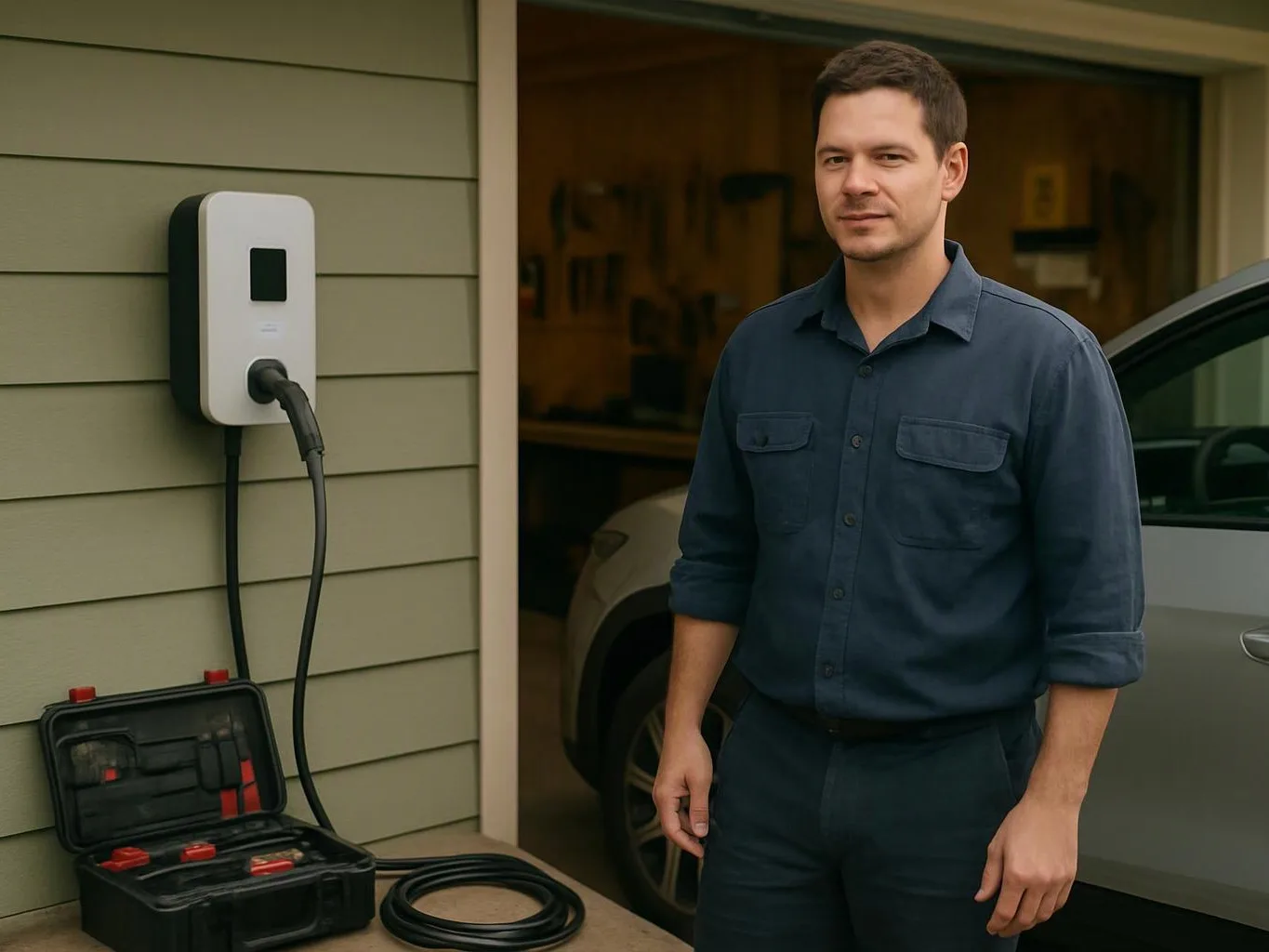 A man stands beside a wall-mounted car charger, with an open tool case and a vehicle in the garage behind him