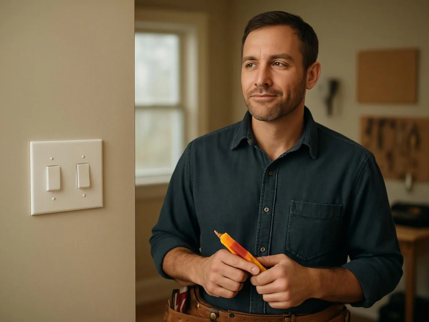 A man stands indoors beside a light switch, holding a pencil and looking off to the side