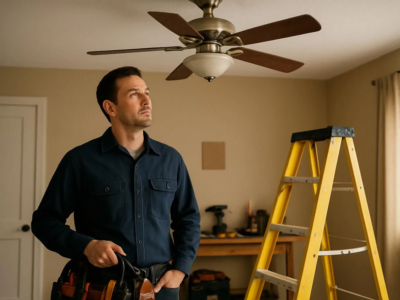 A man stands in a room beneath a ceiling fan, holding tools beside a yellow ladder