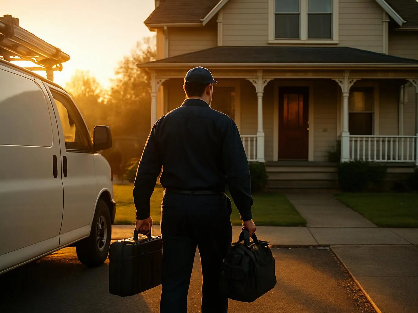 A man stands by a white van, carrying two bags toward a house at sunset