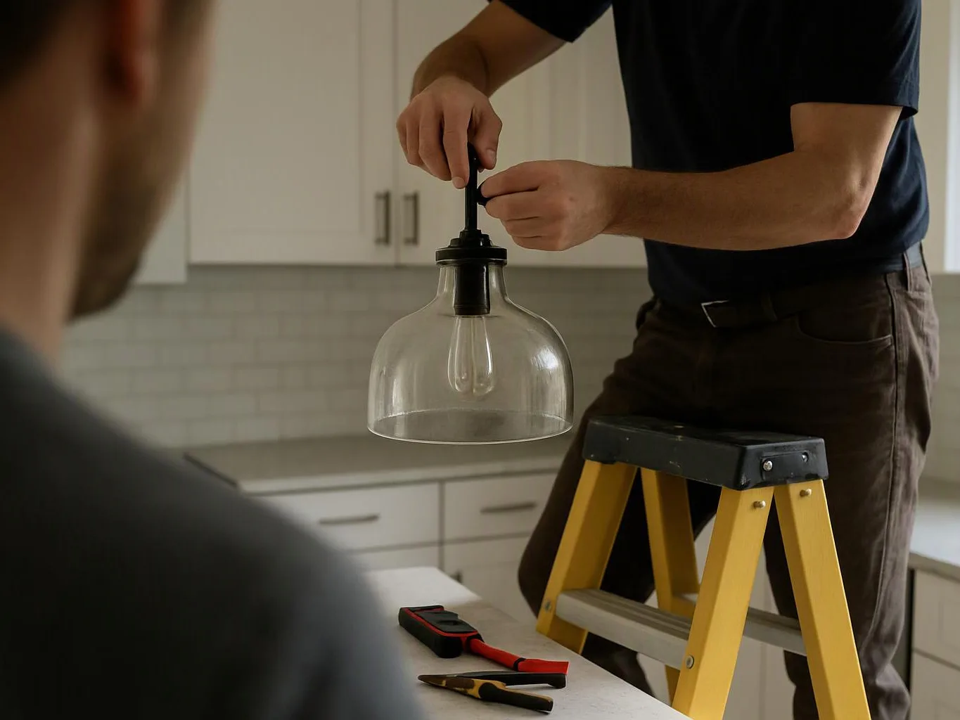 A man on a step ladder adjusts a glass pendant light in a bright kitchen