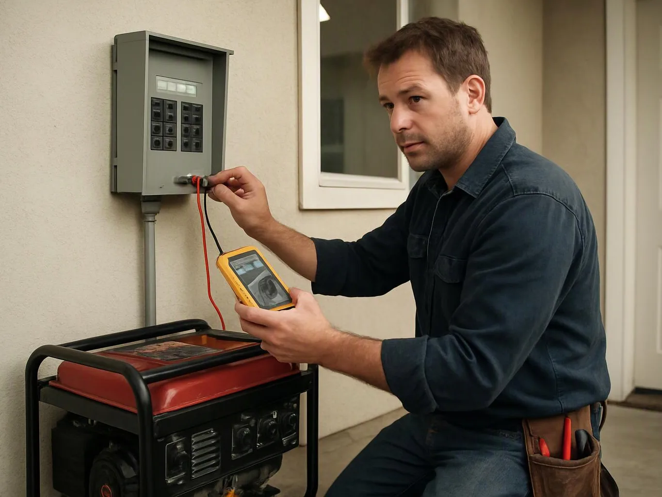 A man tests an electrical panel with a handheld meter beside a red portable generator outdoors