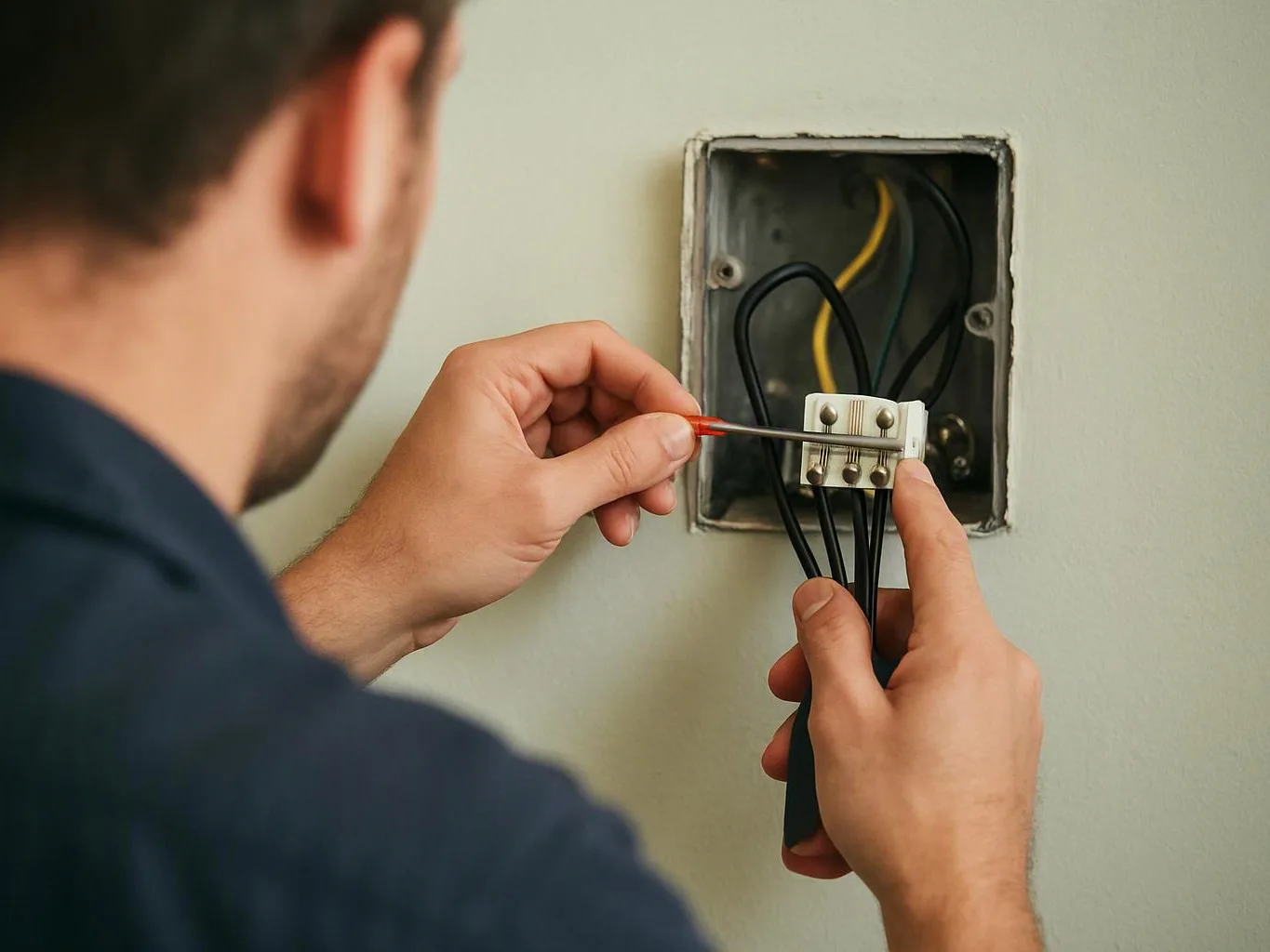 A man uses a screwdriver to connect wires inside an open wall electrical box
