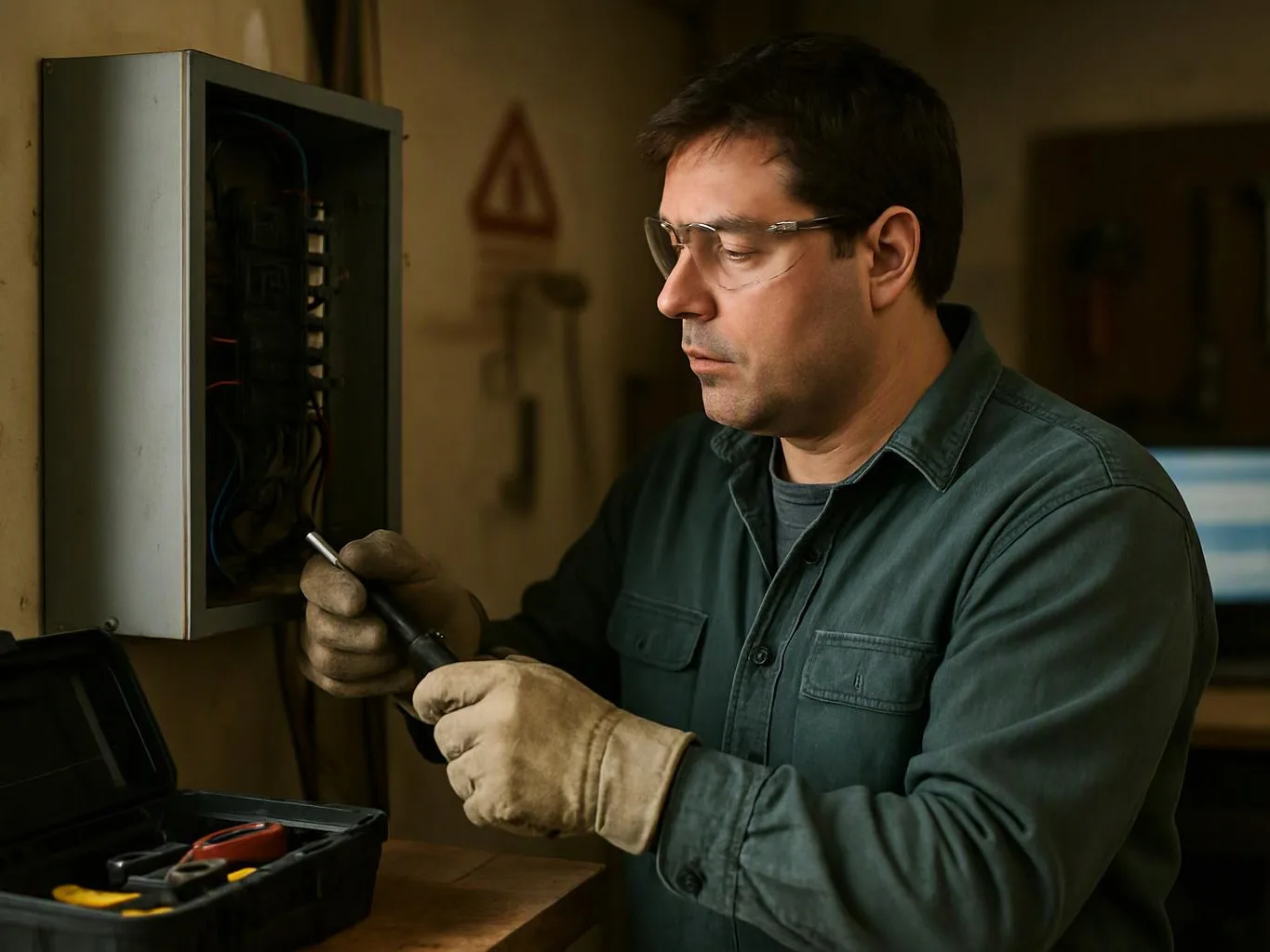 A man wearing safety glasses and gloves repairs an open electrical panel with a screwdriver in a workshop