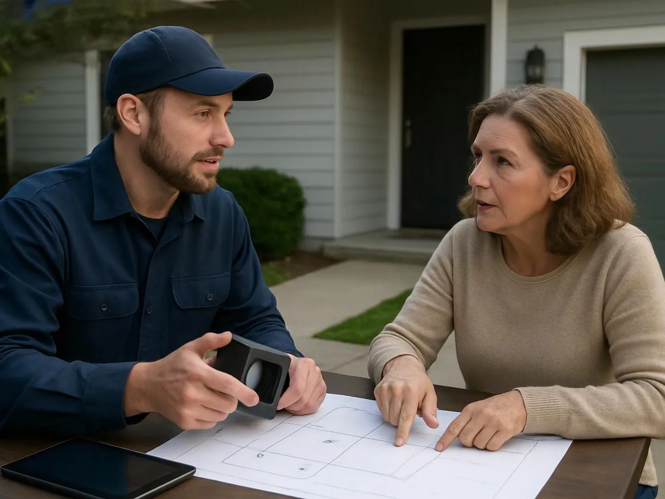 A man and woman study a paper plan outdoors at a table outside a house
