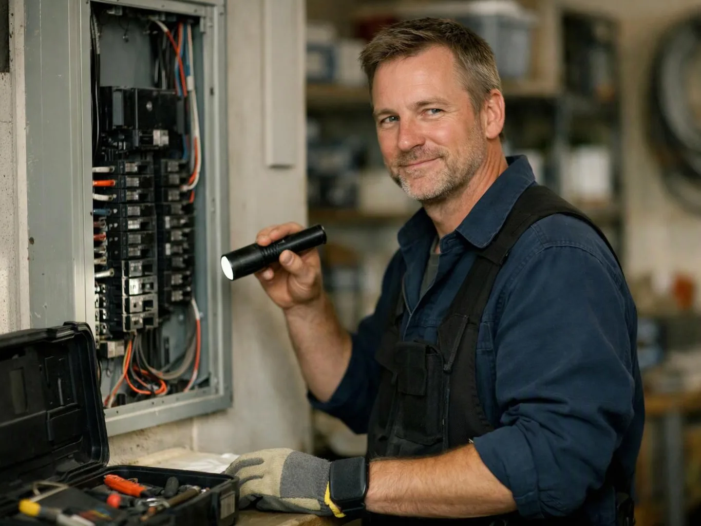 A man in work clothes inspects an open electrical panel with a flashlight in a workshop