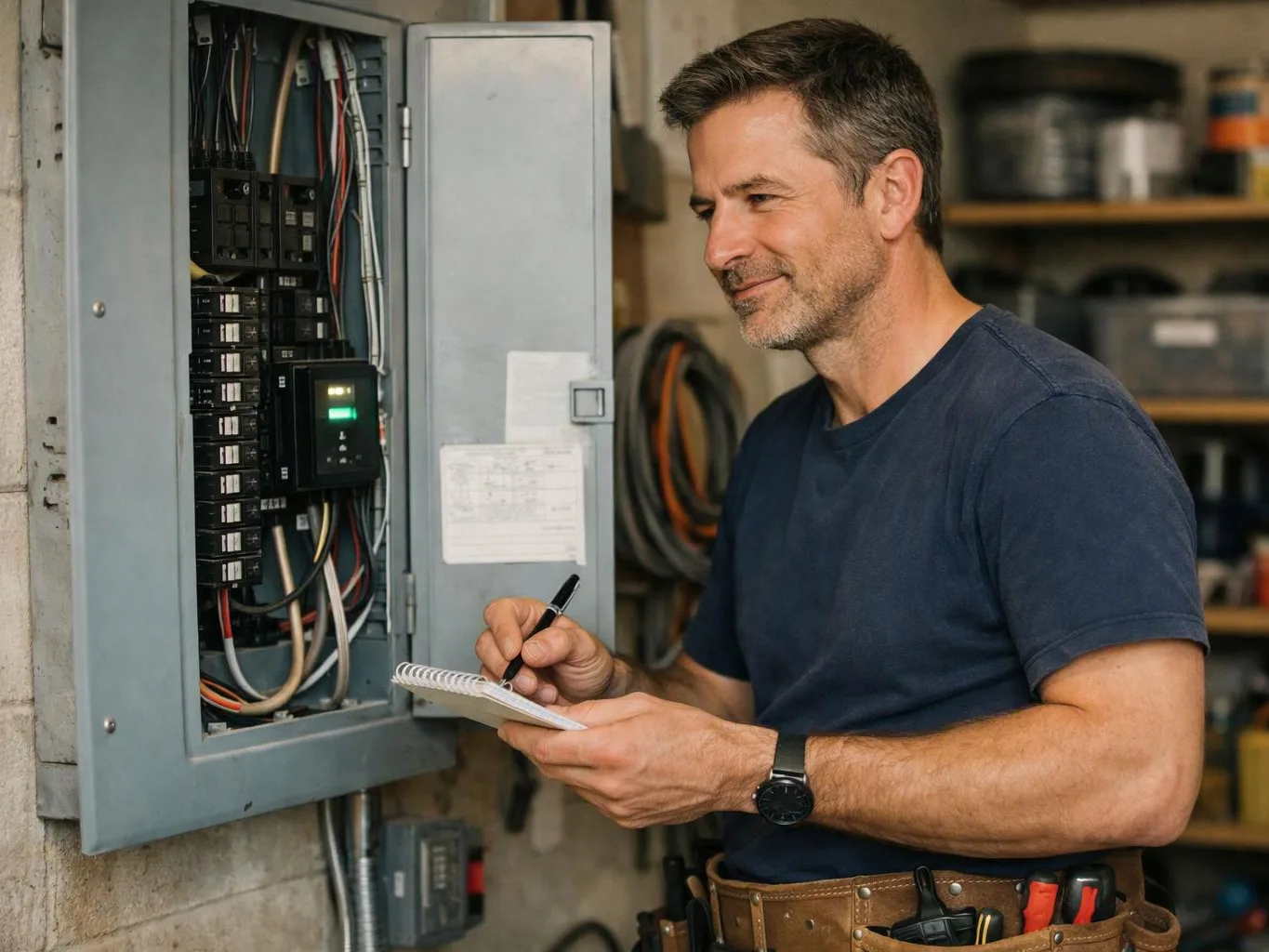 A man in a workshop writes notes while inspecting an open electrical panel with wiring and breakers