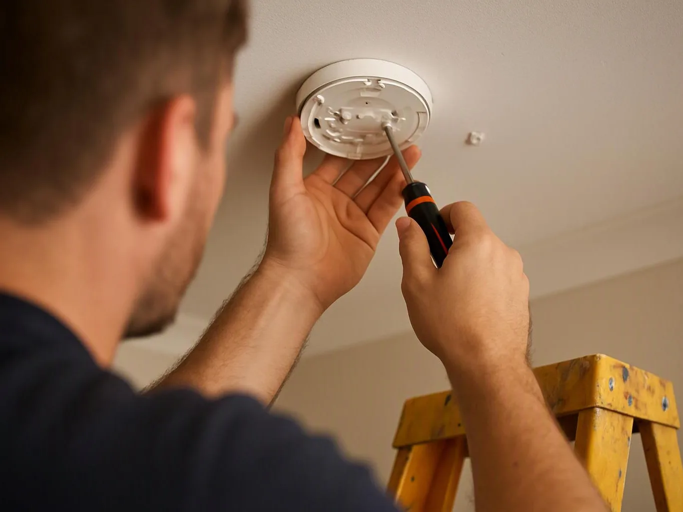 A man on a yellow ladder uses a screwdriver to fix a ceiling smoke detector