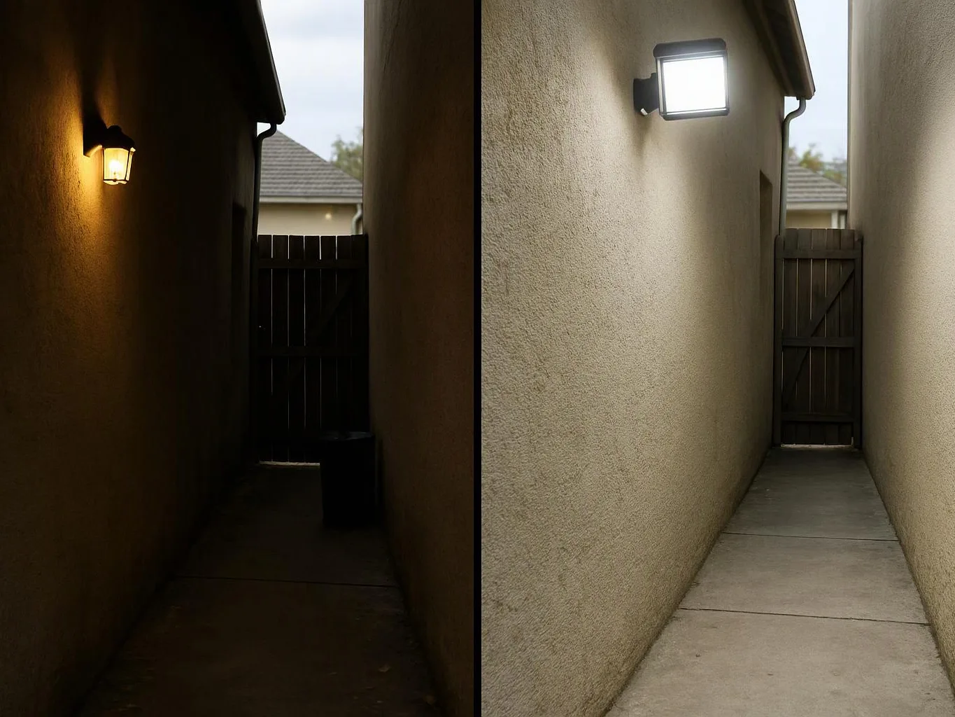 A narrow side yard shows the same walkway in dim light and then brightly lit by a wall lamp