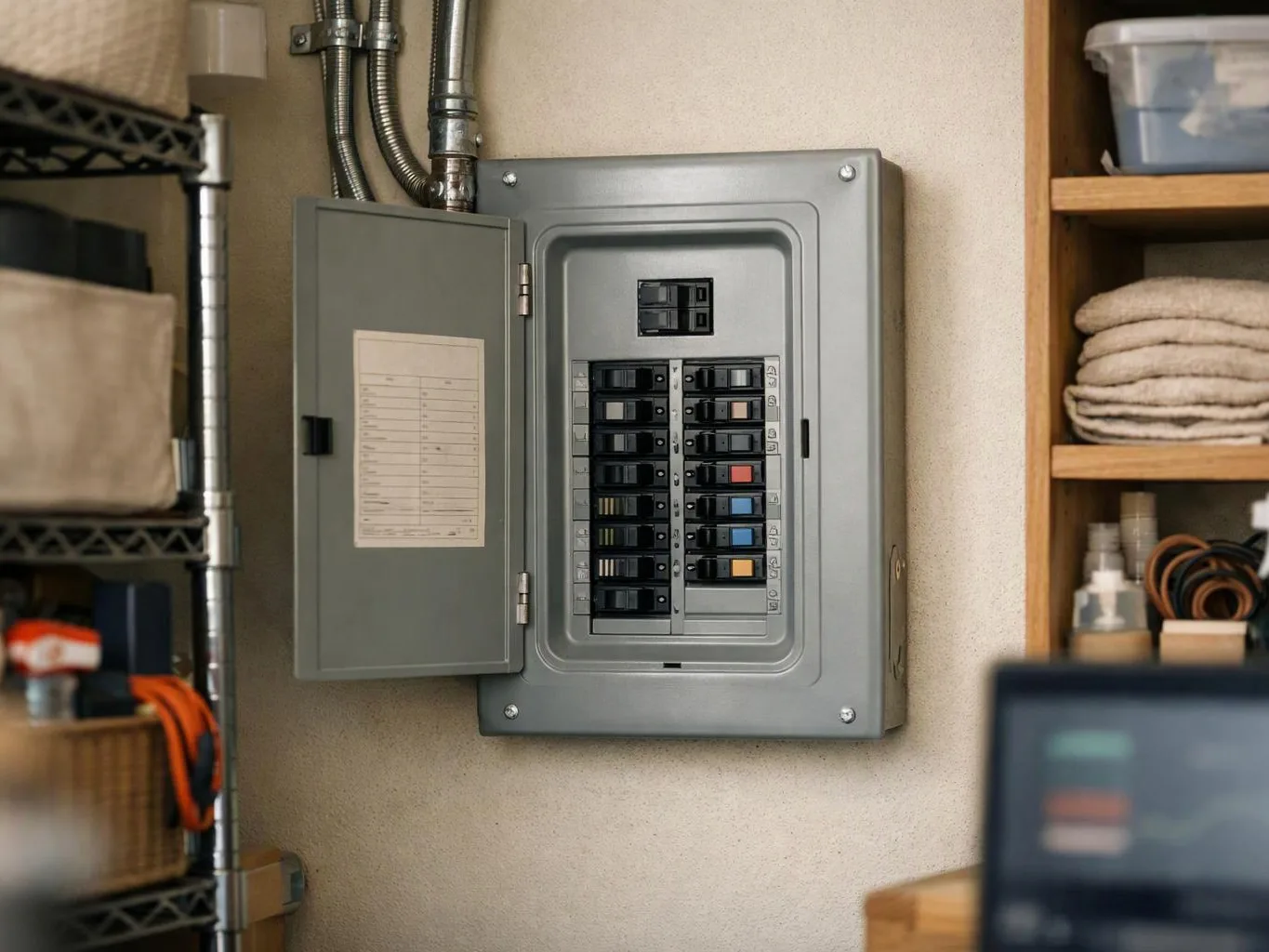 An open electrical breaker box hangs on a wall beside shelves with folded towels and storage bins