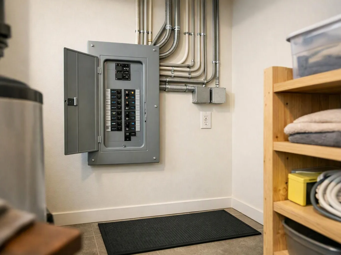 An open electrical breaker panel hangs on a utility room wall beside exposed conduit and storage shelves