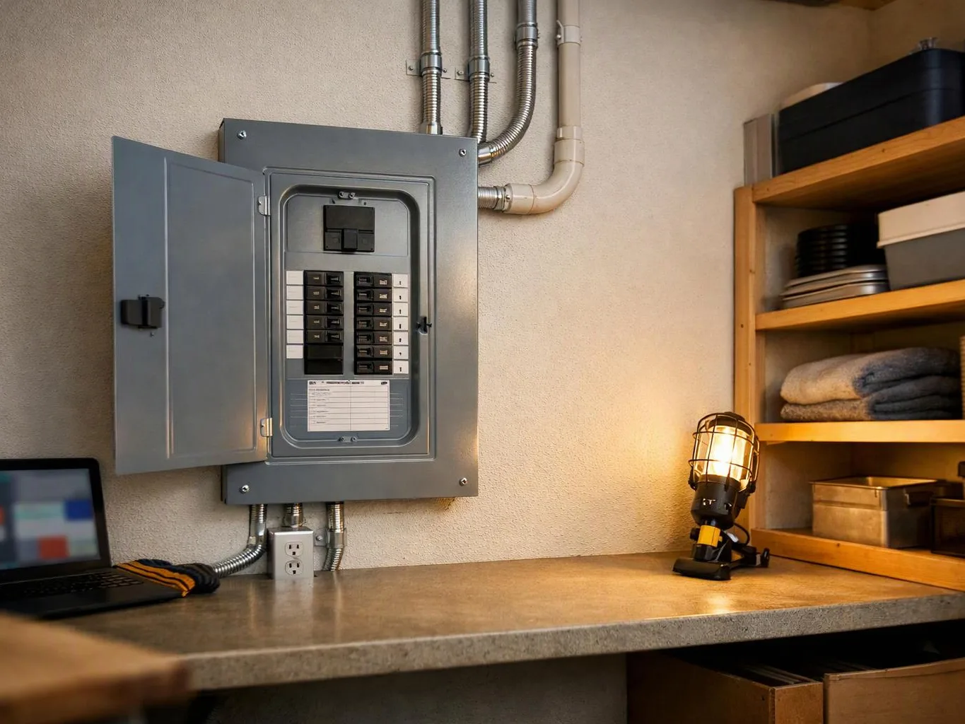 An open electrical panel hangs on a wall above a counter beside a lit work lamp and storage shelves