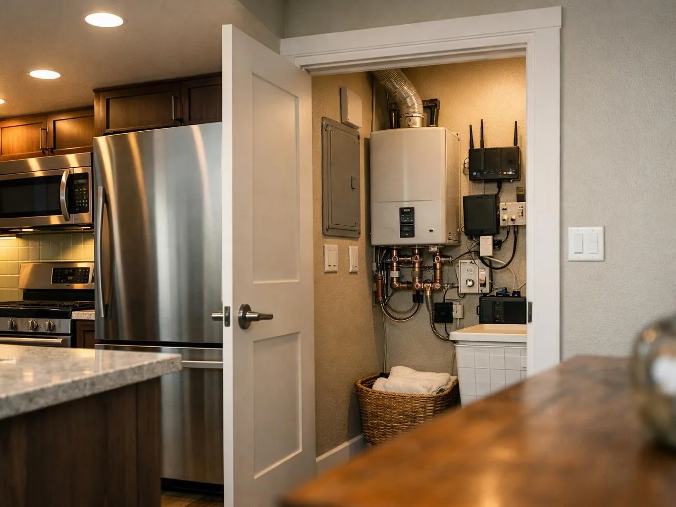 An open pantry reveals a wall-mounted boiler with pipes, wires, and a wicker basket inside a kitchen