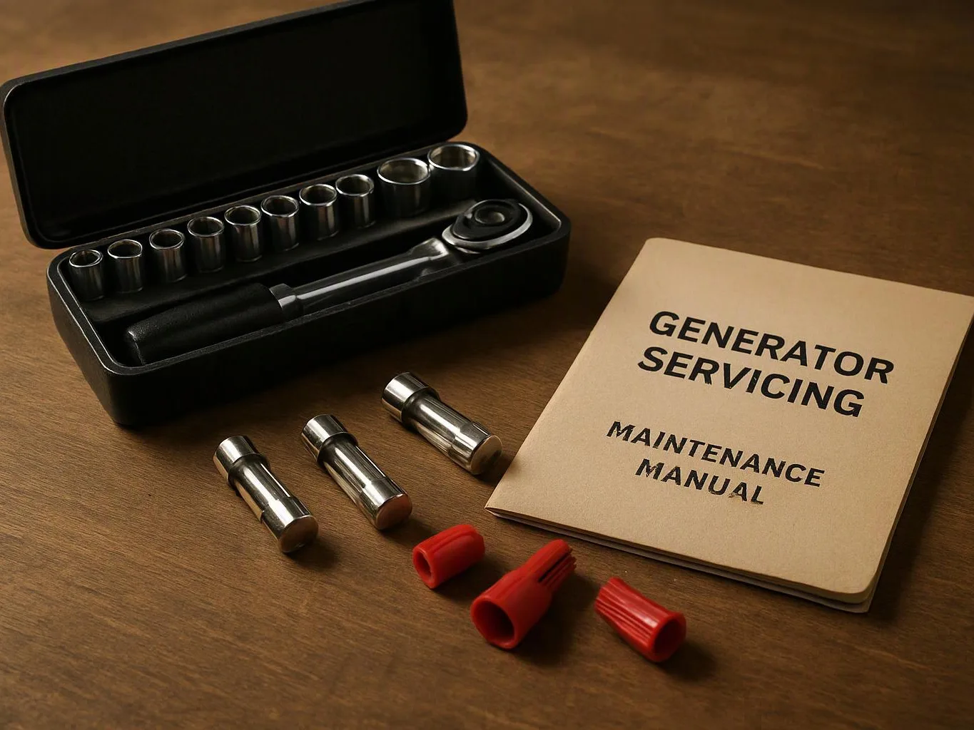 An open socket wrench set sits beside a manual labeled "GENERATOR SERVICING" on a wooden table