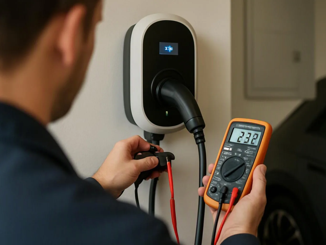 A person checks an electric vehicle charger with a digital multimeter, holding probes near the plugged-in cable indoors