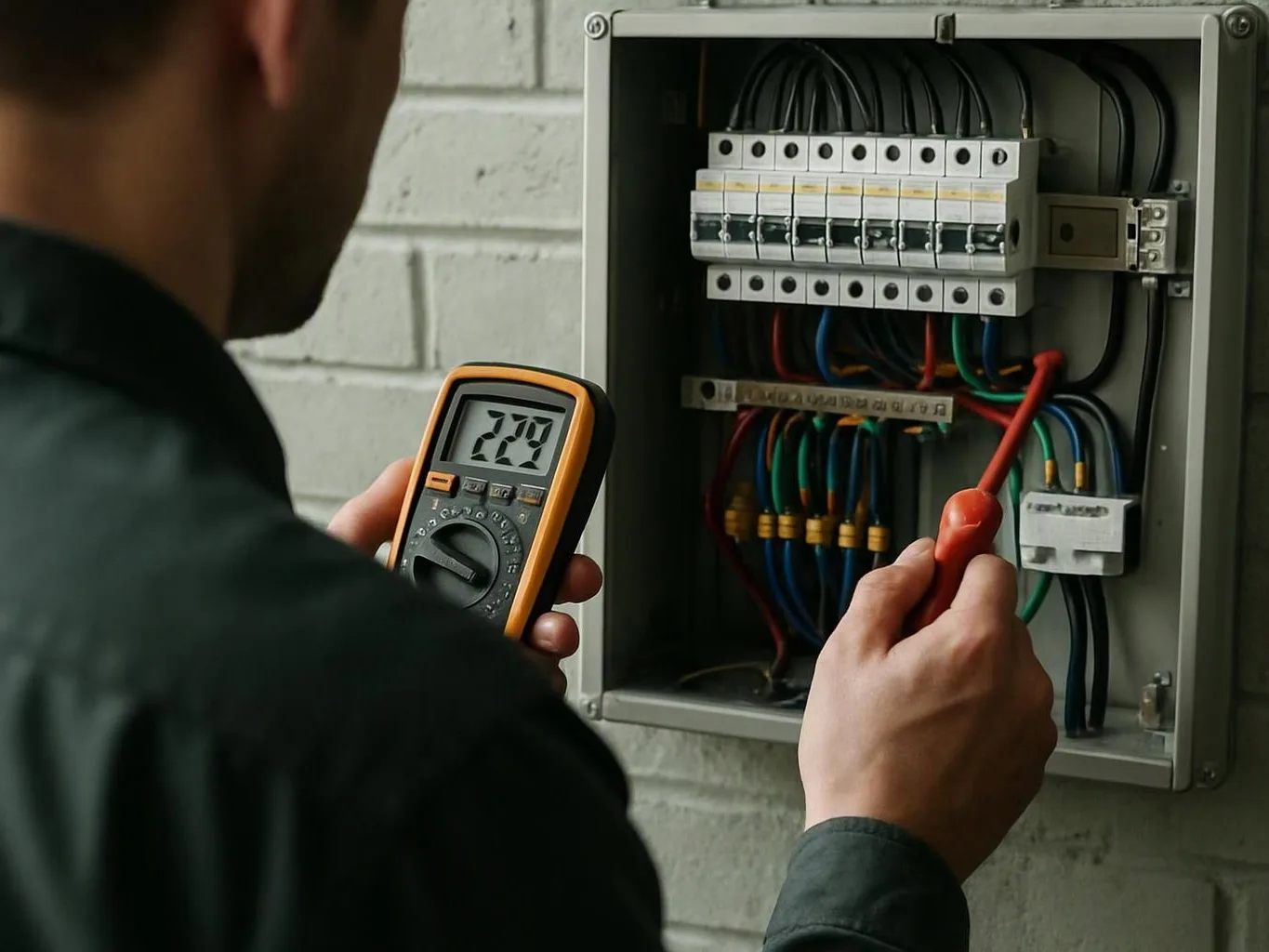 A person inspects an open electrical panel with a multimeter and a red probe on a gray wall