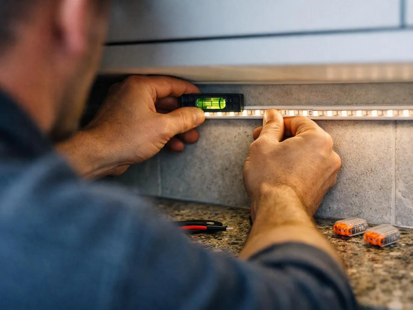 A person installs an LED strip under a cabinet, using a level on a tiled kitchen wall