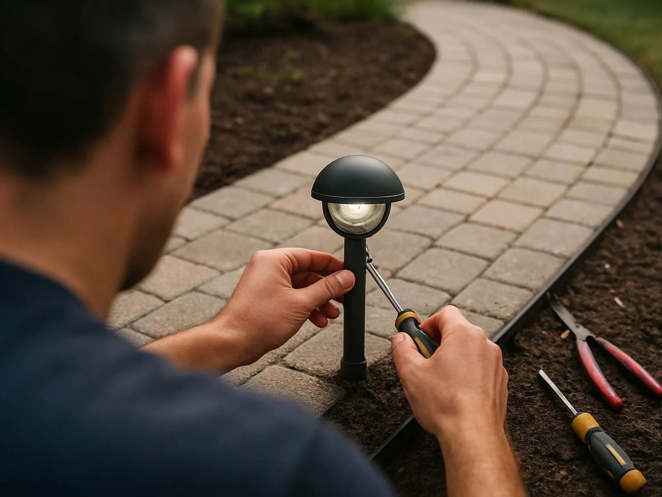 A person installs a small garden light beside a curved stone walkway, with tools on the soil nearby