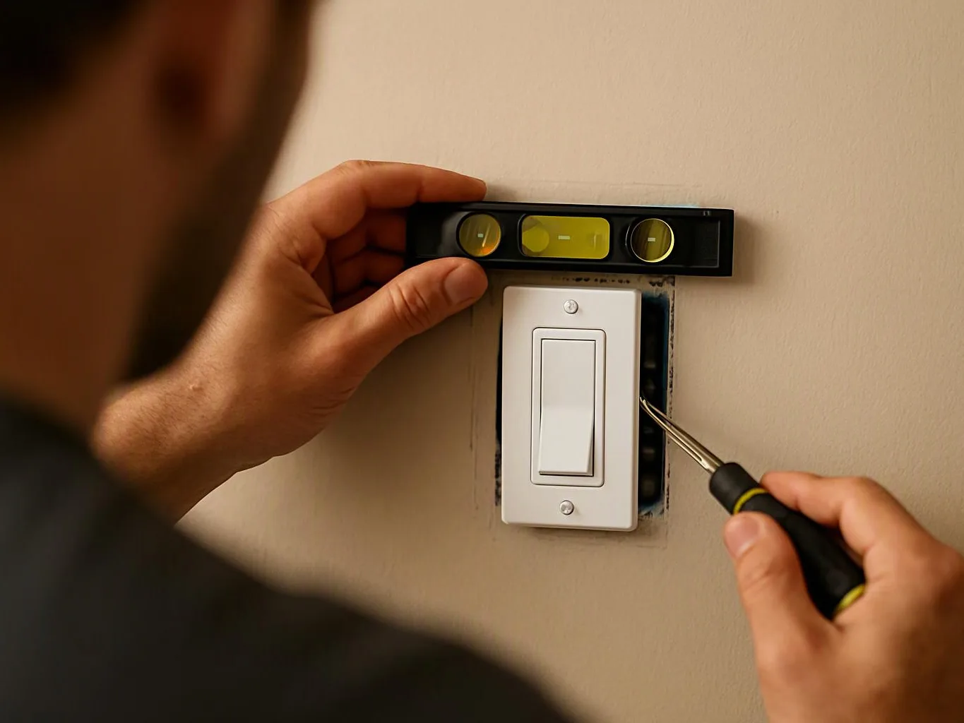 A person levels a wall switch plate while adjusting it with a screwdriver on a beige wall
