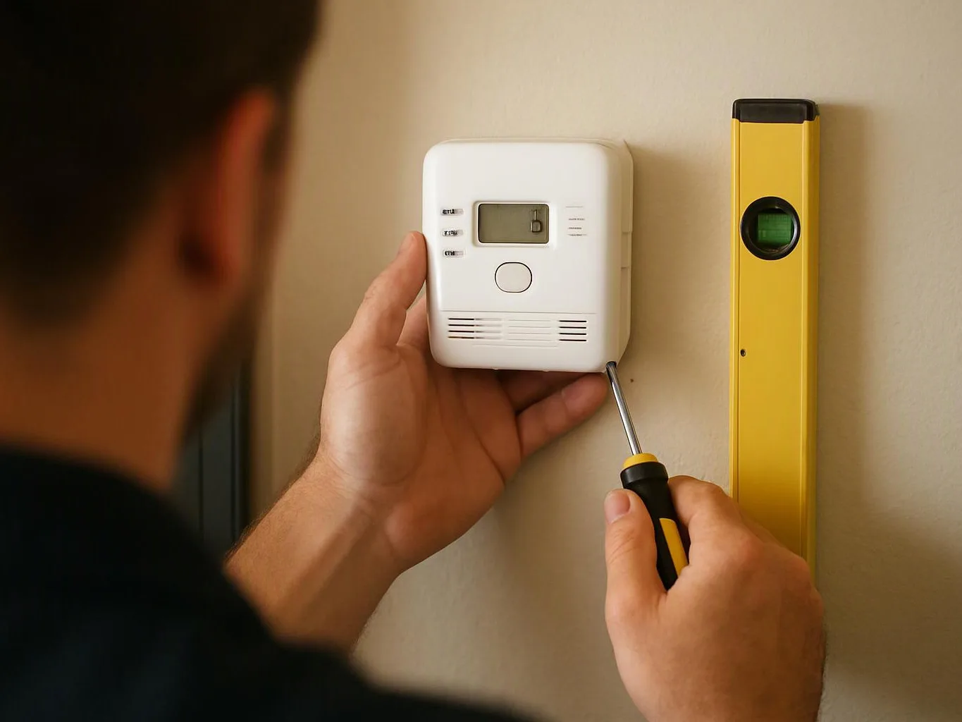A person screws a white wall device beside a yellow level on a beige wall