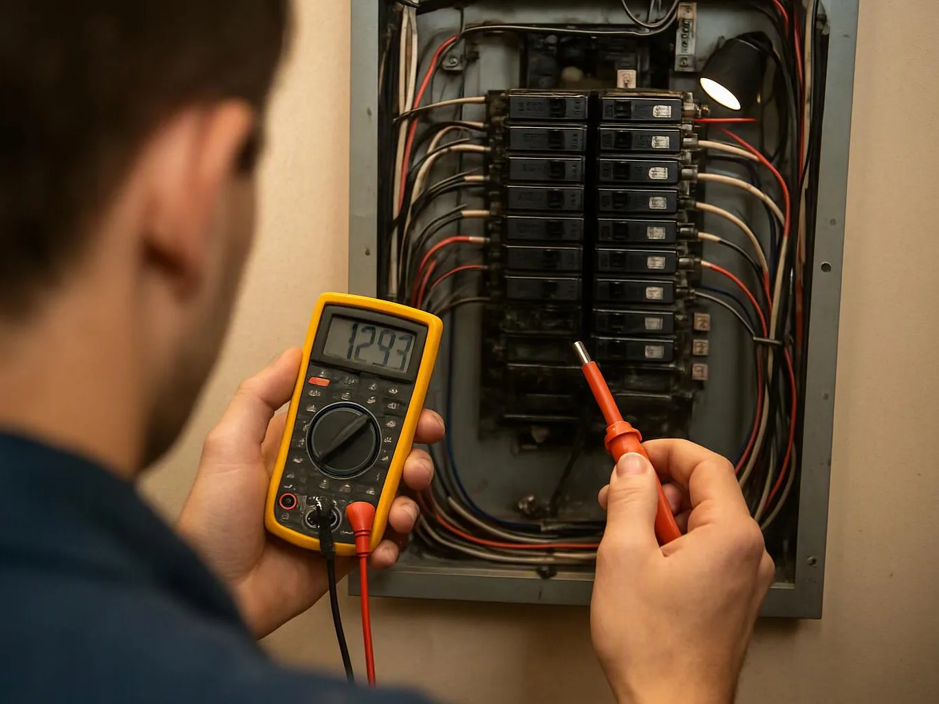 A person tests a circuit breaker panel with a digital multimeter and probe in a wall cabinet