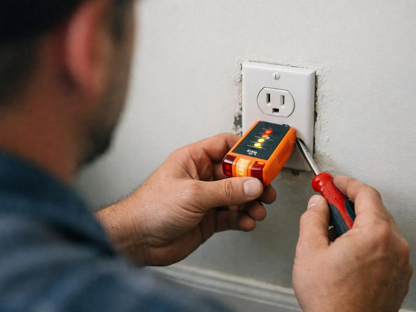 A person tests a wall outlet with a plug-in circuit checker while using a screwdriver to pry the plate loose