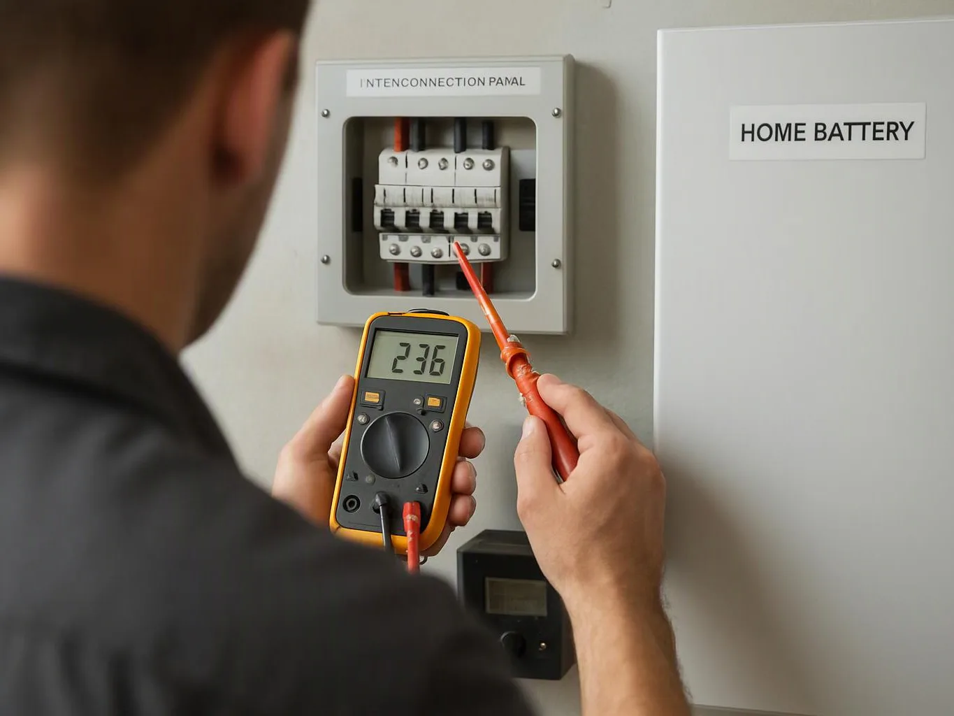 A person tests wiring inside an open electrical panel with a digital meter, beside a box labeled “HOME BATTERY”