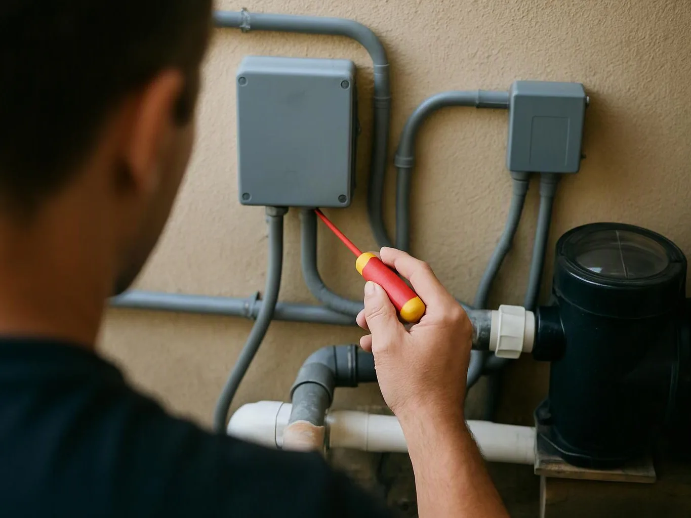 A person uses a red screwdriver on gray wall-mounted electrical boxes beside exposed pipes and a black tank