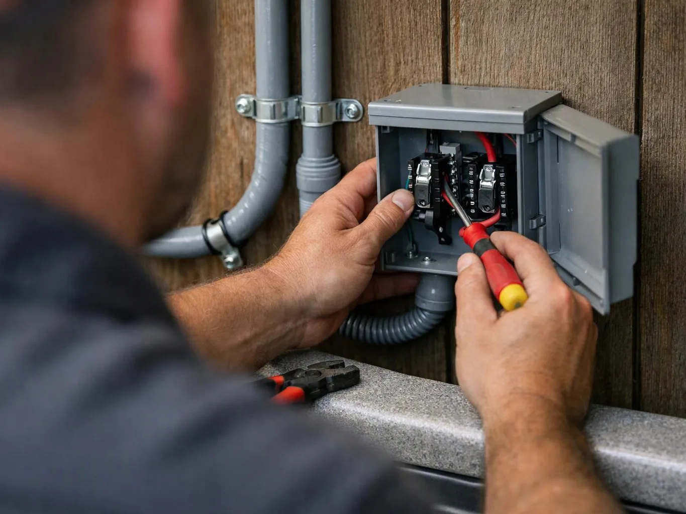 A person wires an open gray electrical box on a wood wall with a screwdriver